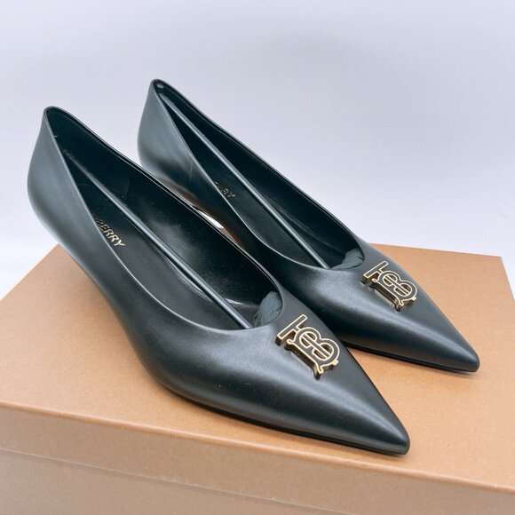 BURBERRY Women's EZRA 40 TB Pumps Low Heel Black Leather EU 39 US 9 - Picture 6 of 16